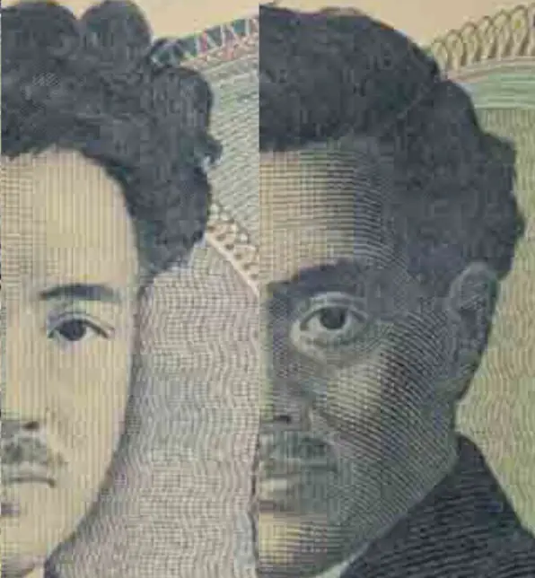 野口英世の肖像を左右それぞれ鏡合わせにして並べたもの